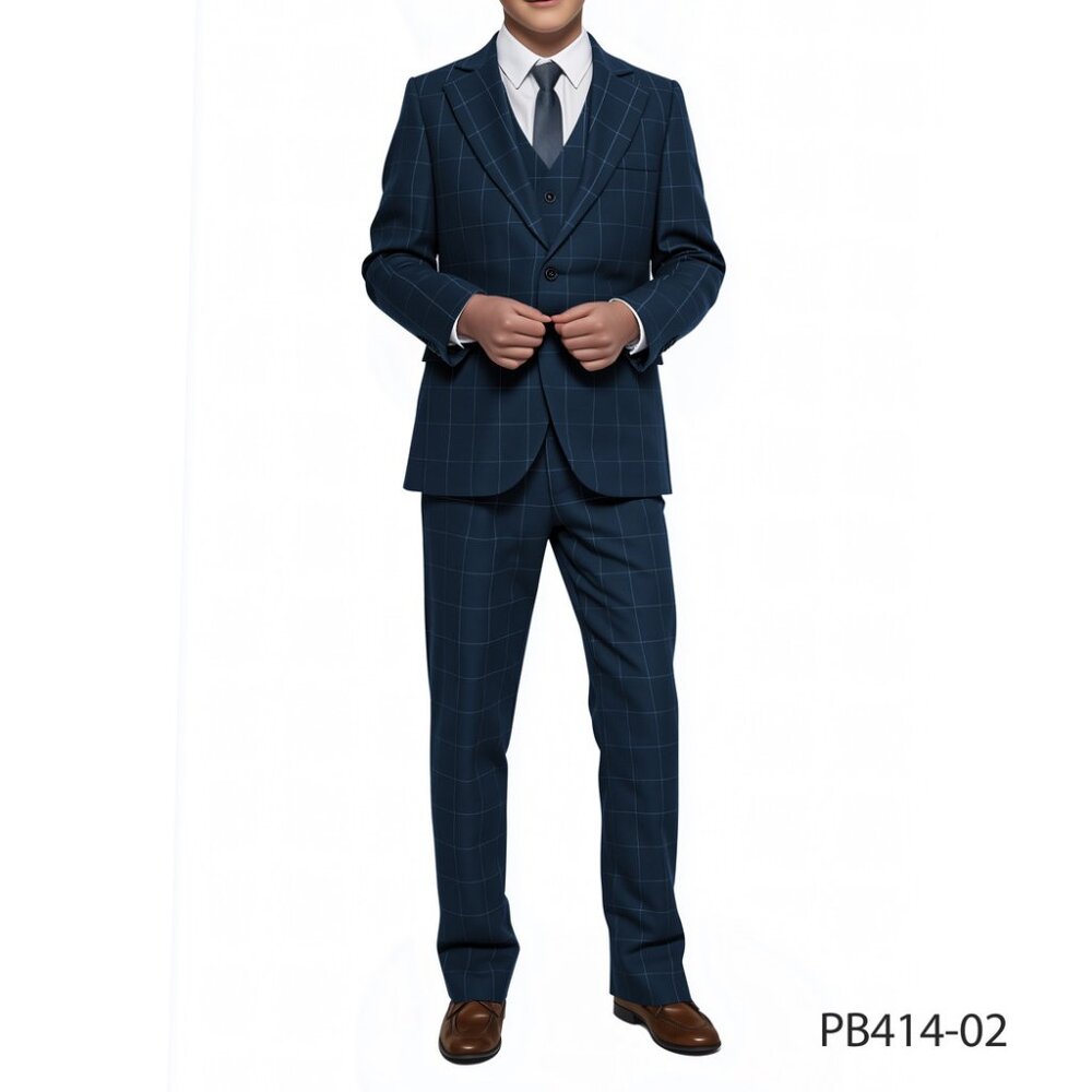 Navy Windowpane Notch Lapel 5 Piece Perry Ellis Boys Suit